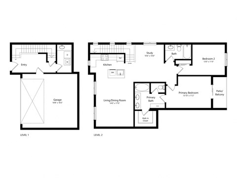 Floor plan for 2 beds, 2 baths, 1407 sqft